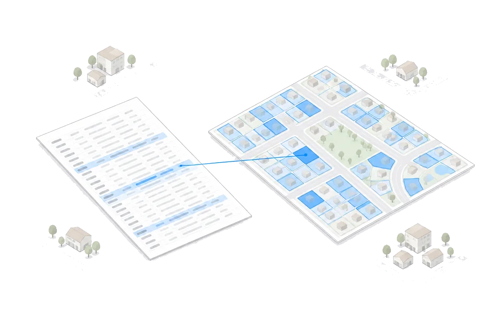 A spreadsheet beside a map tile with dozens of lots tinted by score.