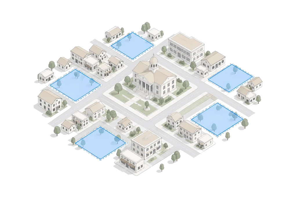 A civic hall at the centre of a town with the vacant lots around it highlighted in blue.