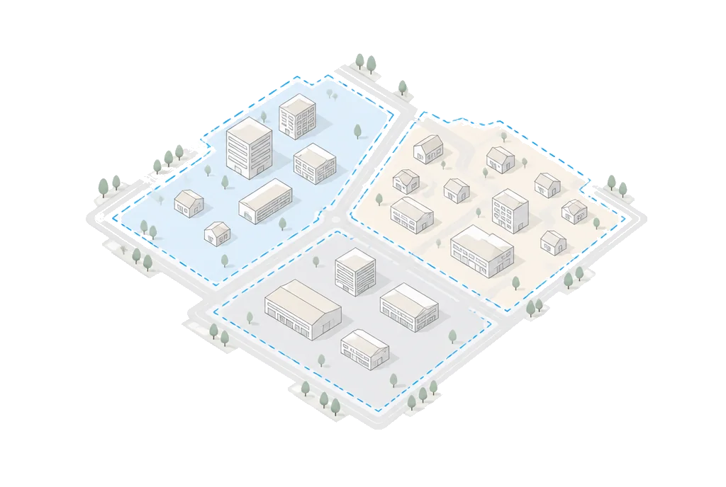 A map tile with three zoning districts separated by dashed boundaries.