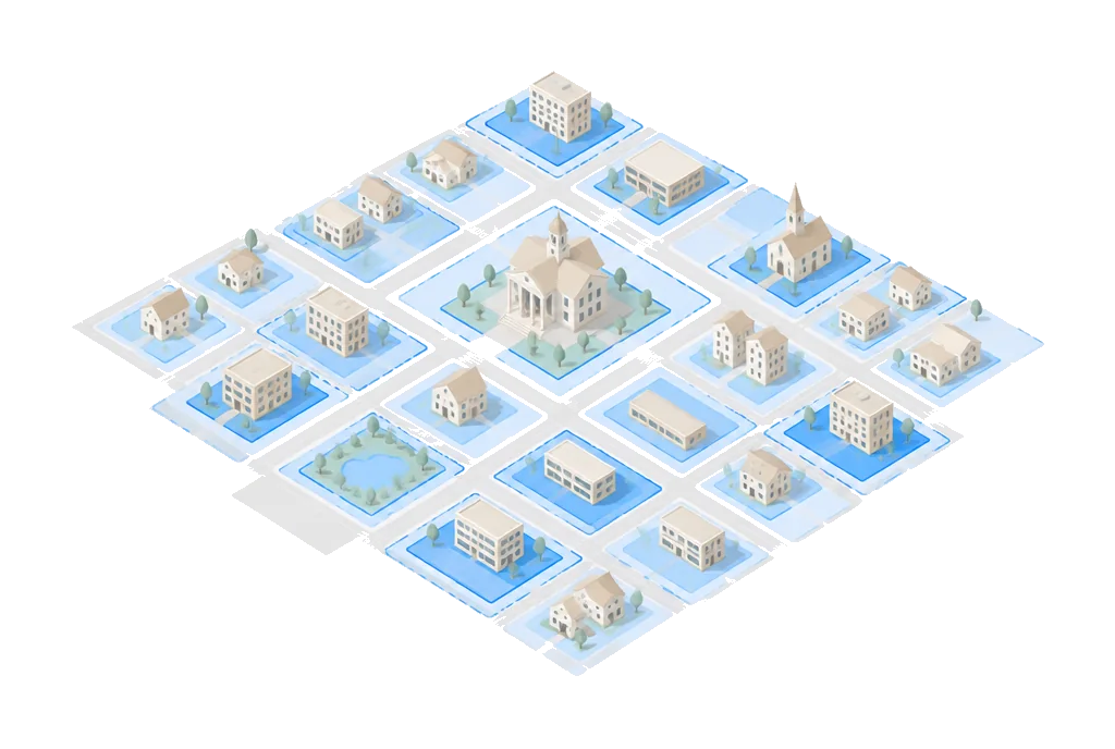 A town seen from above with every lot tinted by its score.
