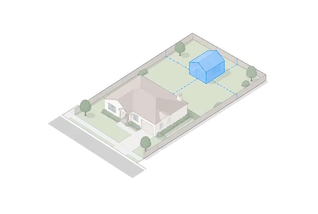 A suburban house with a small ADU envelope in the backyard.