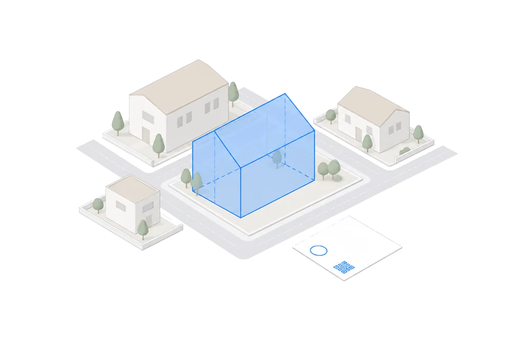 A lot with a building envelope beside a sheet carrying a seal and a QR block.