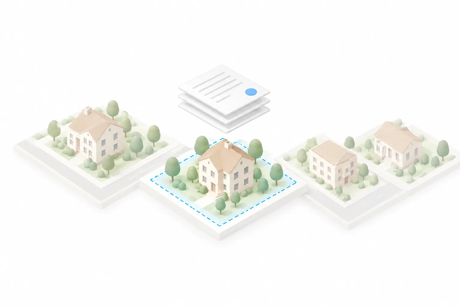 An illustrated residential lot outlined in blue, with its property report lifting off the parcel.