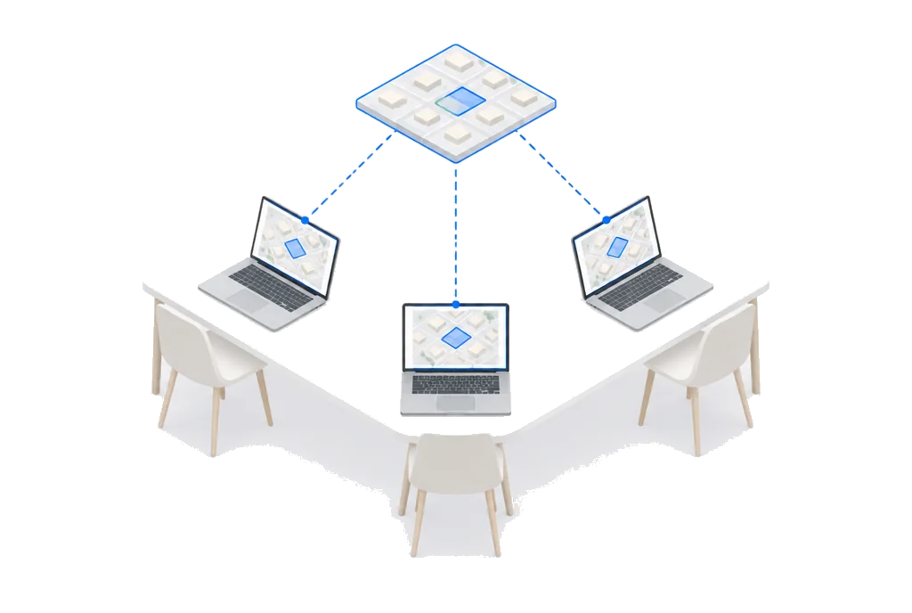 Three laptops around one desk sharing the same scored map.