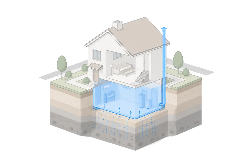 A cutaway house showing soil strata under the basement and a mitigation vent pipe.